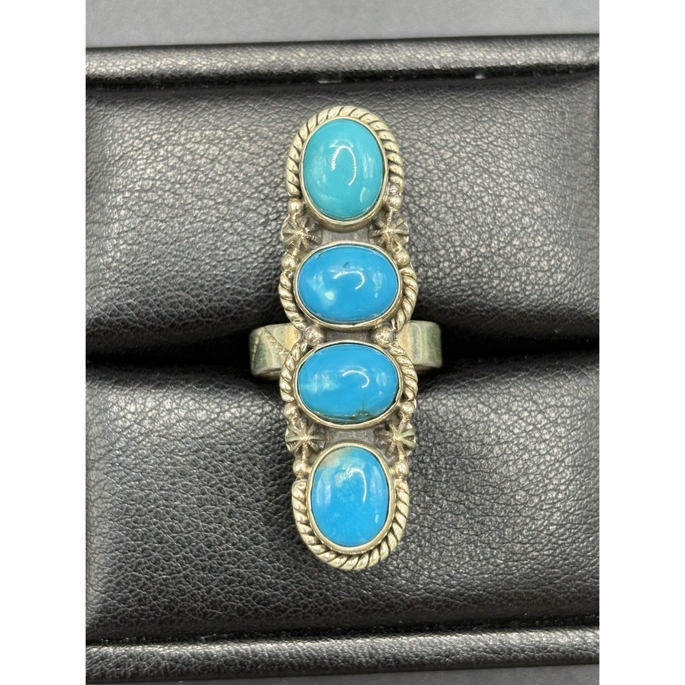 EUC Sterling Silver Turquoise Oblong Ring 10 Grams Size 6.75 F2